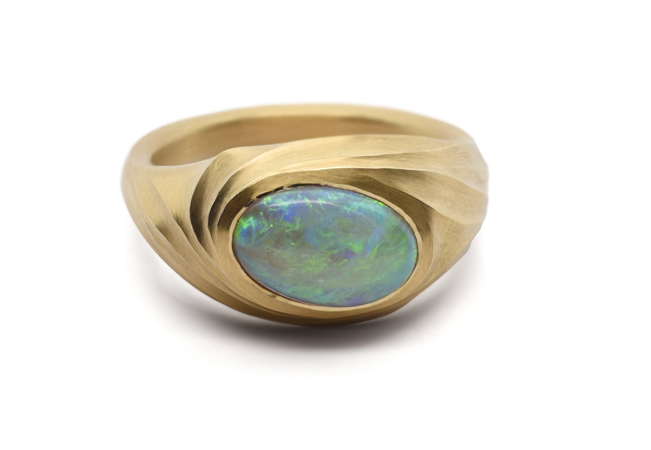 18ct Yellow Gold Carved Oval Black Opal Arris Ring