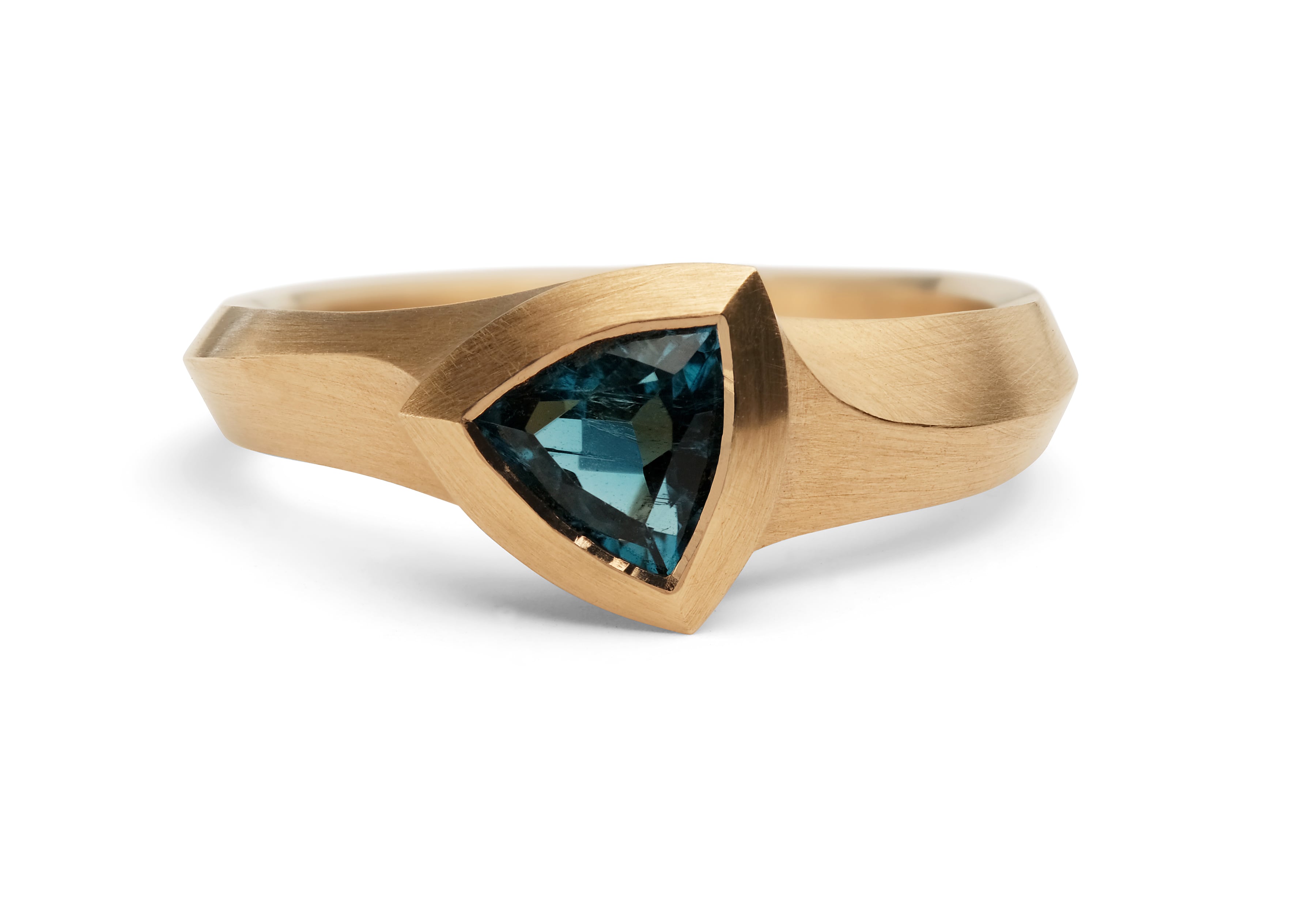 Trillion cut tourmaline Arris ring set in 18ct rose gold